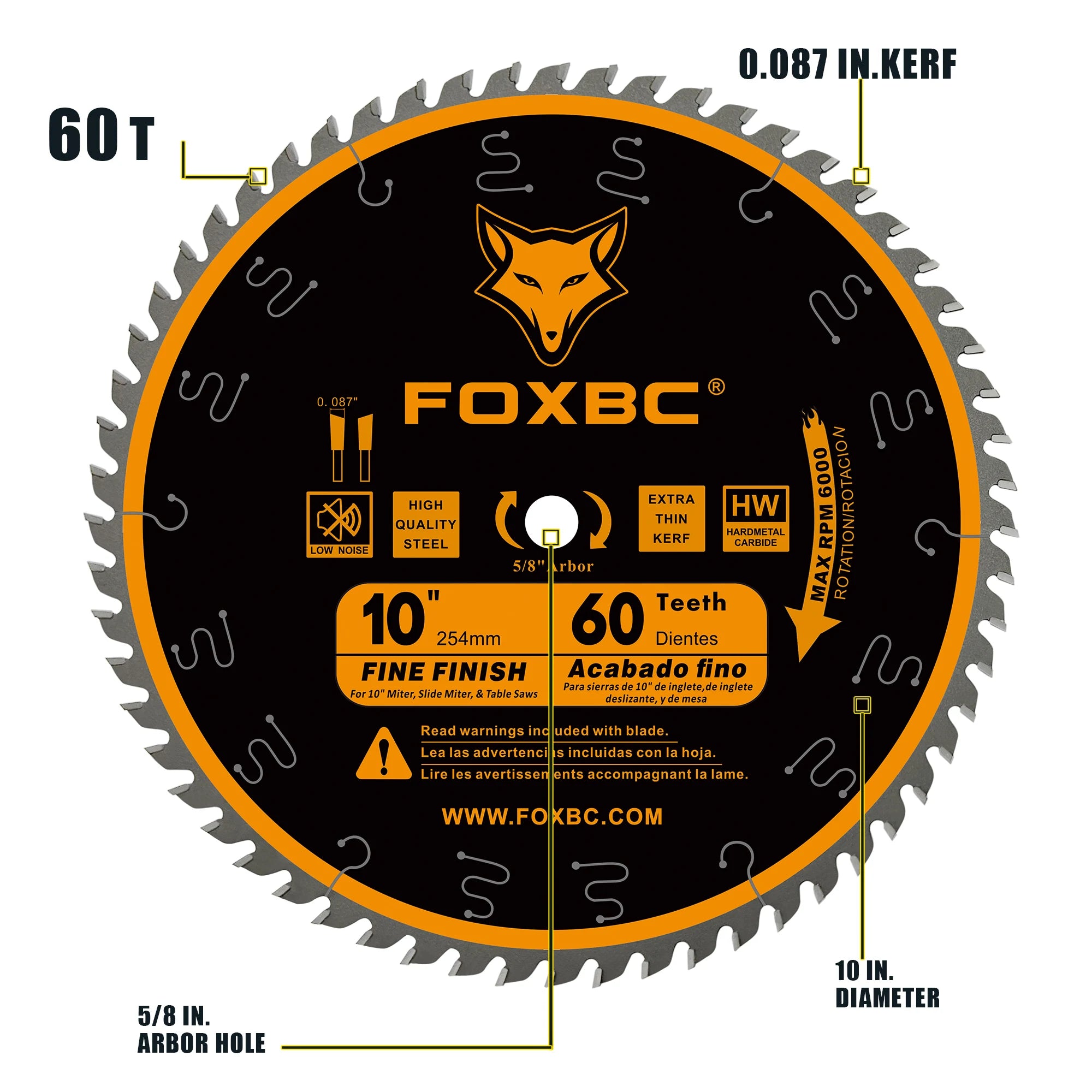 FOXBC 254mm 60-Tooth ATB Thin Kerf Table Saw Blade – Fine Finish