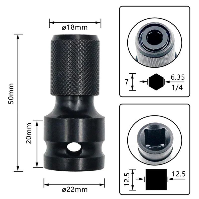 Quick Release 1/2-Inch Square Drive to 1/4-Inch Hex Female Socket