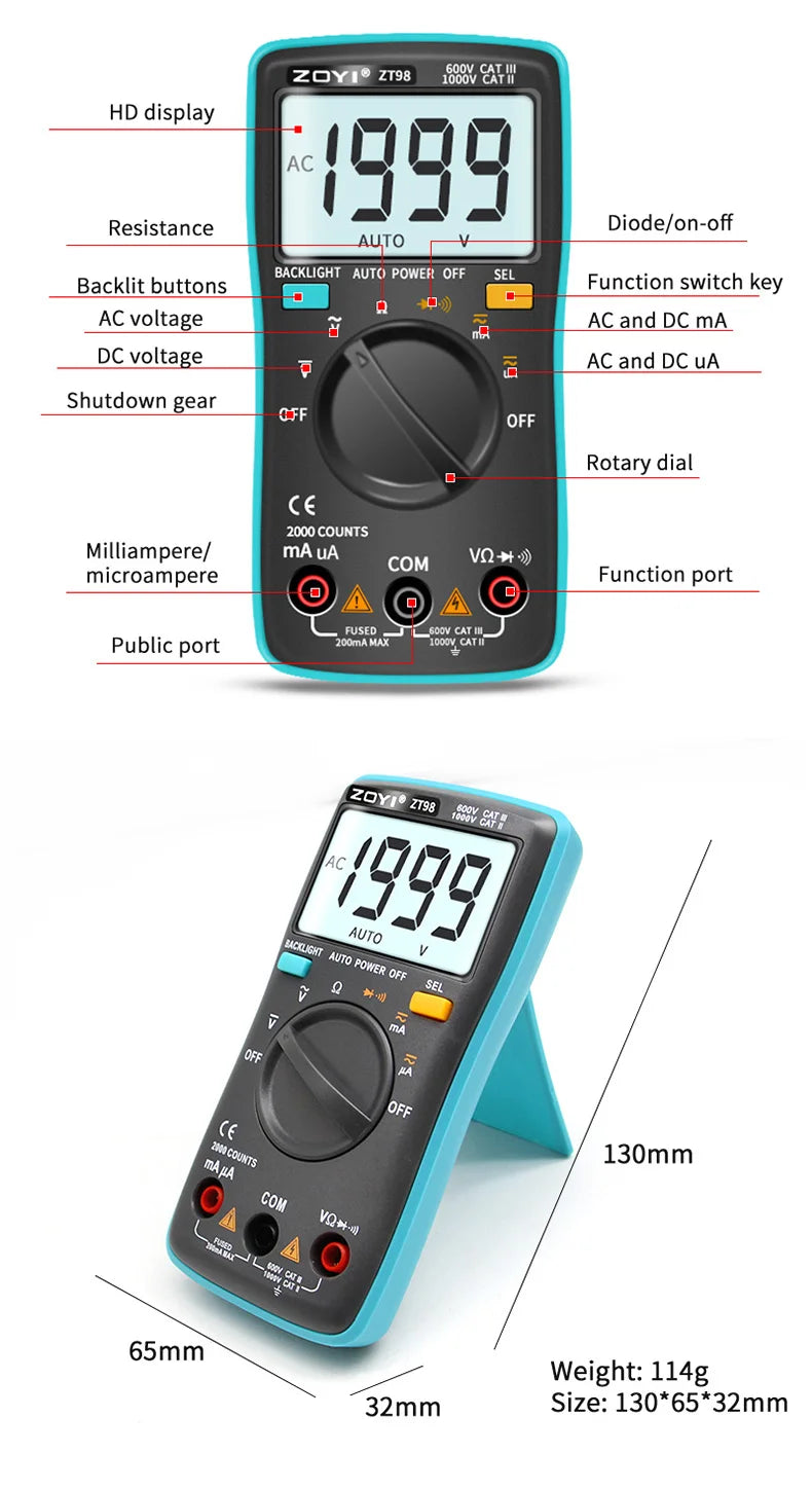ZOYI Digital Multimeter ZT-98 Auto Range AC and DC Voltage Current