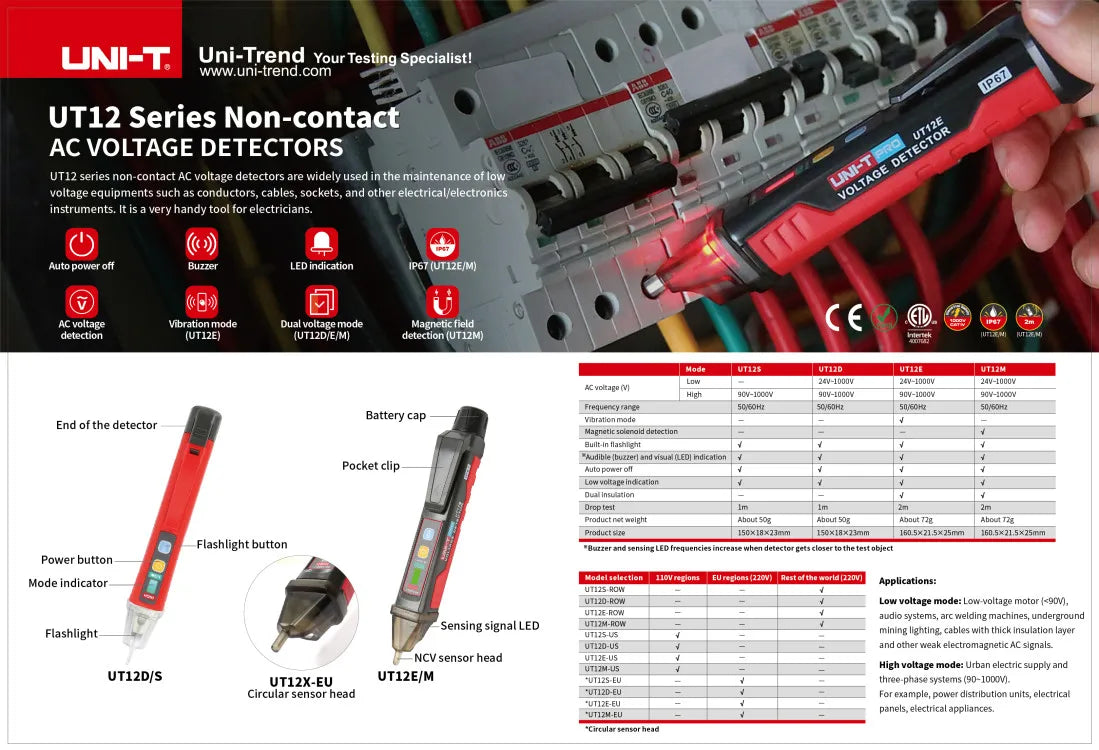 UNI-T UT12D UT12E UT12M Non Contact Voltage Detector Pen High and Low