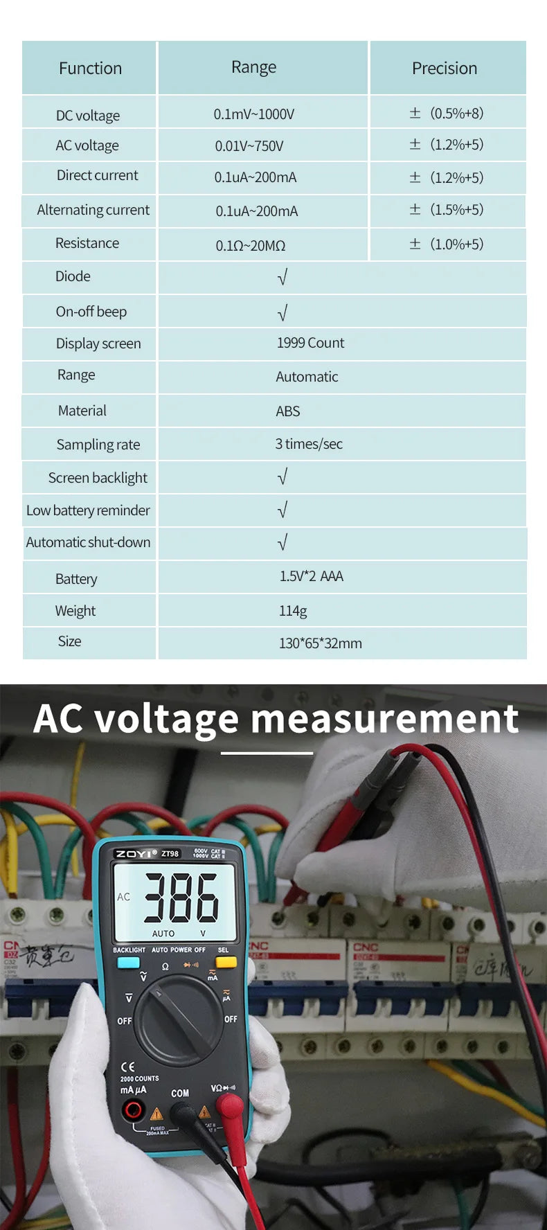ZOYI Digital Multimeter ZT-98 Auto Range AC and DC Voltage Current