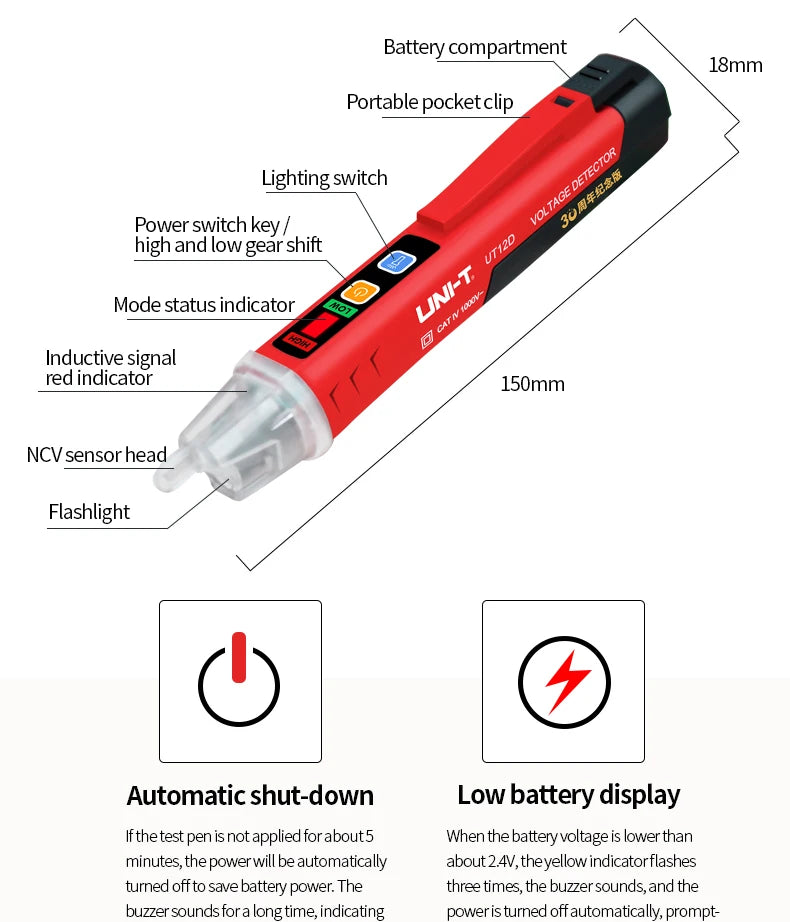 UNI-T UT12D UT12E UT12M Non Contact Voltage Detector Pen High and Low