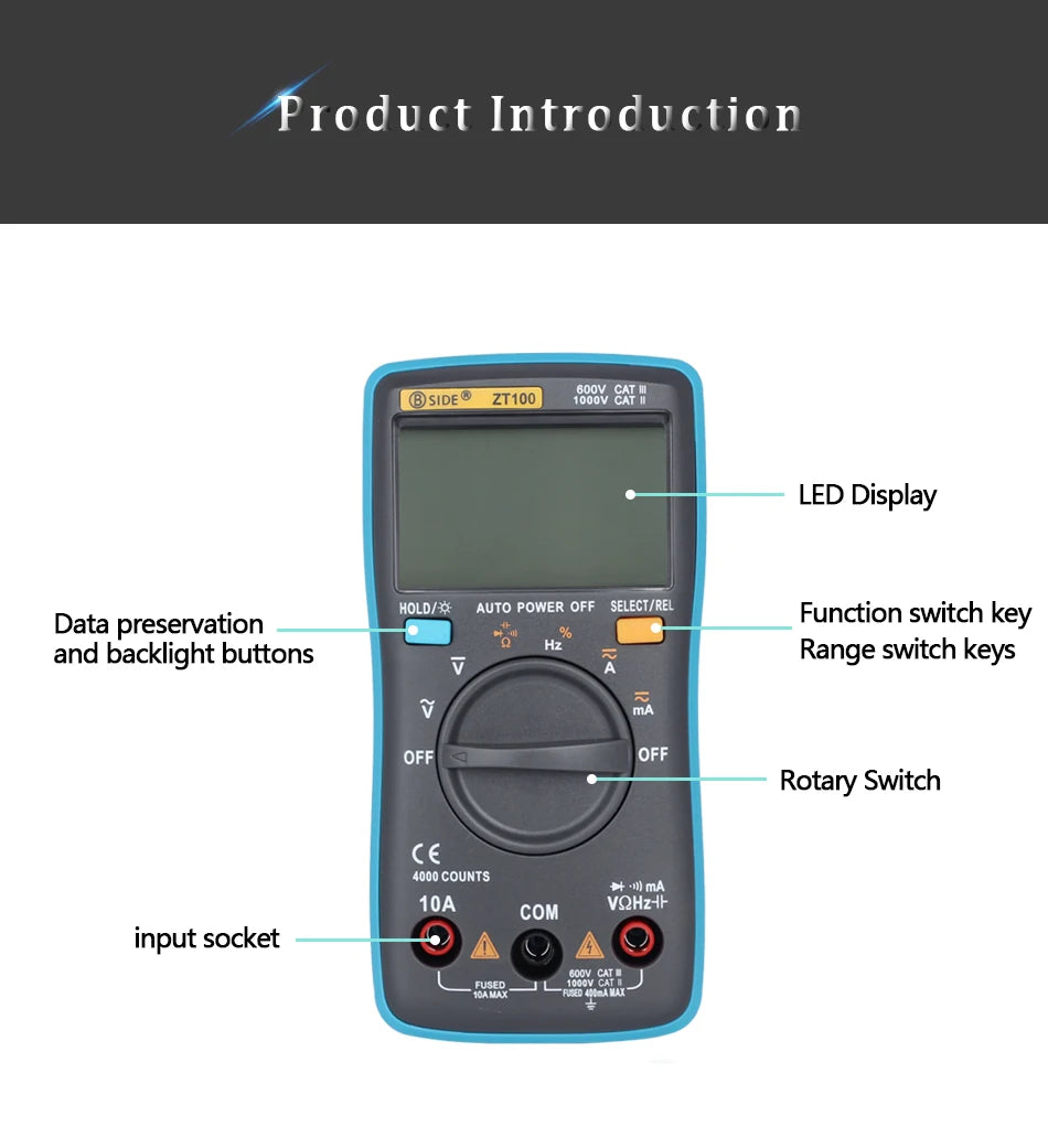 Digital Multimeter ZT100 4000 counts DC/AC Voltage Current