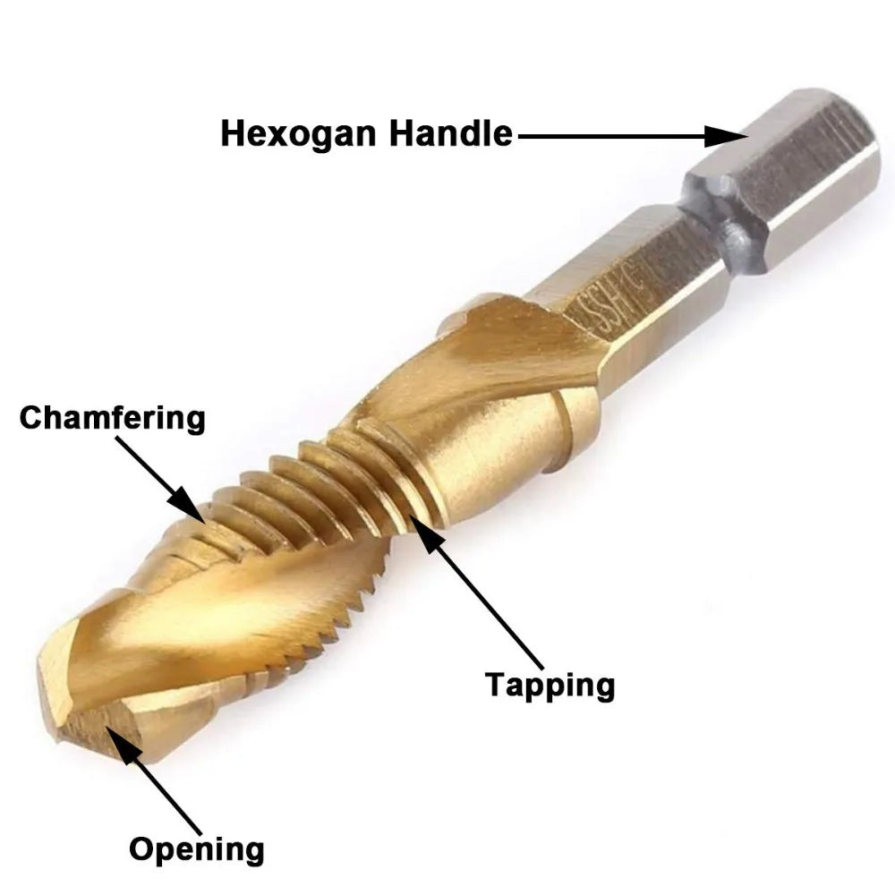 Hex Shank Titanium Plated HSS Screw Thread Metric Tap Drill Bits