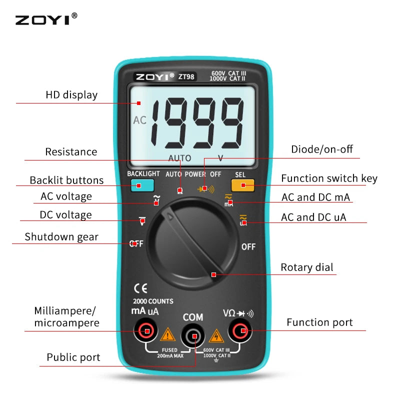 ZOYI Digital Multimeter ZT-98 Auto Range AC and DC Voltage Current