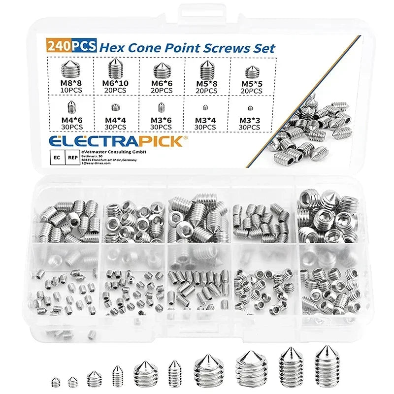 240pcs Stainless Steel Hex Socket Screw Set M3/M4/M5/M6/M8 Grub