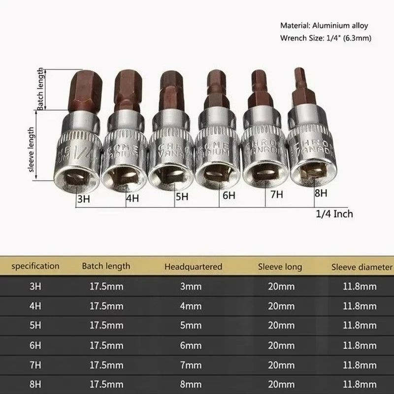 6Pcs 1/4 Inch Hex Screwdriver Bit Socket Set H3-H8 for Torque Spanner