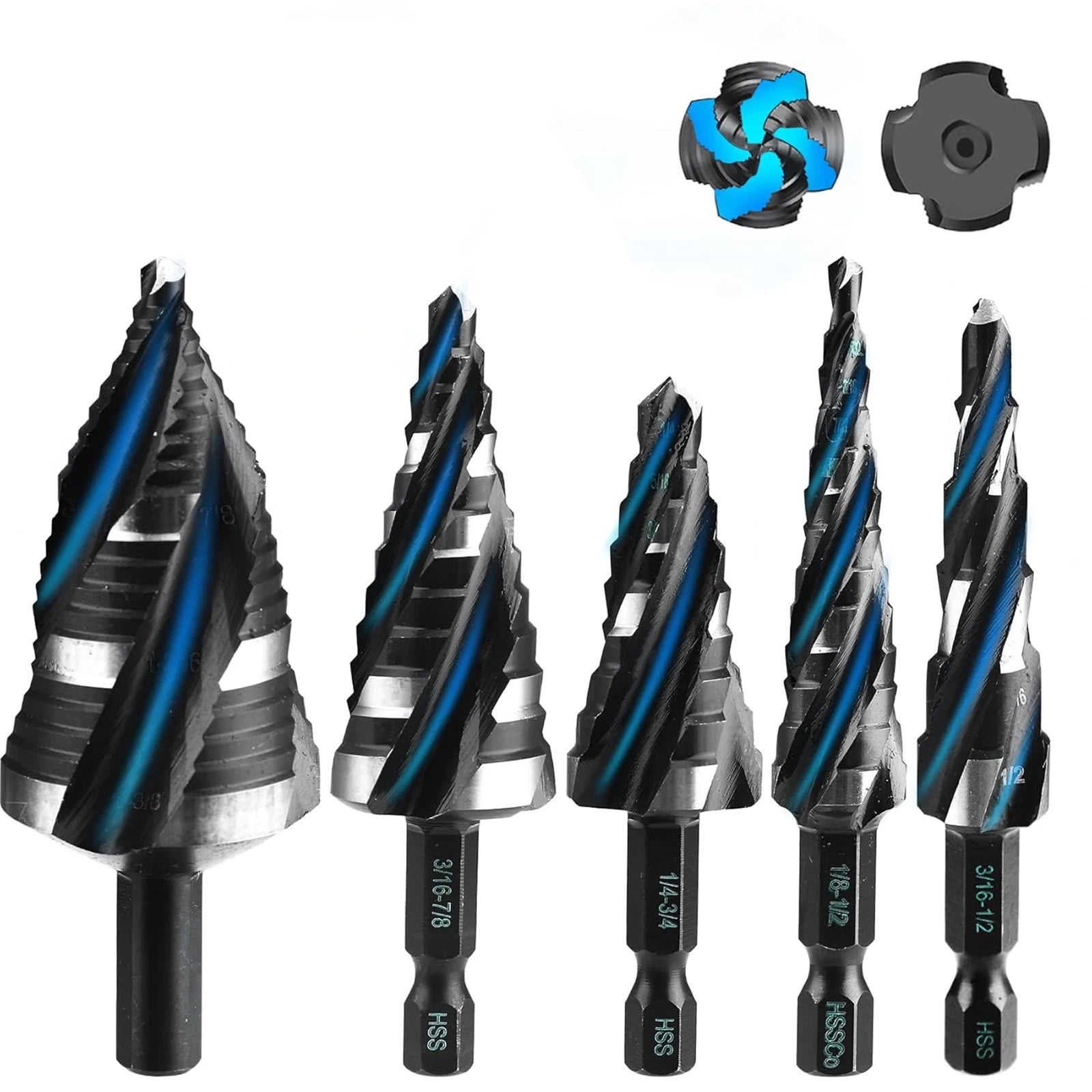 4-Flute Spiral Step Drill Bit Set — 3-Piece or 5-Piece  - View 1