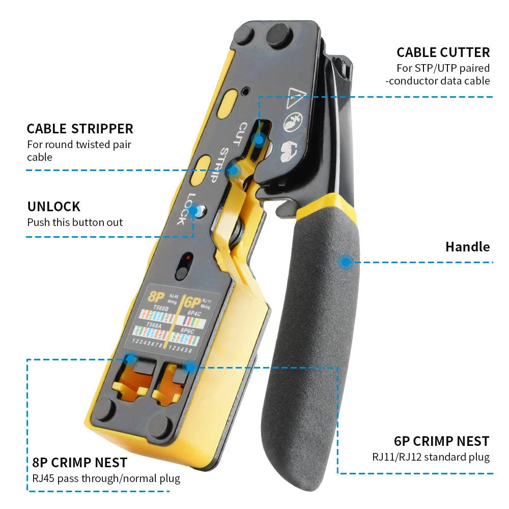 3-in-1 RJ45 Network Crimper – Crimp, Cut & Strip Cat6A/6/5E & RJ11/12