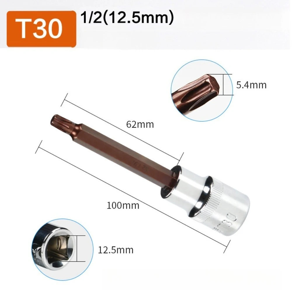1/2 Long Torx Screwdriver Bits 100mm 1/2" Drive Bit Socket T10 T15
