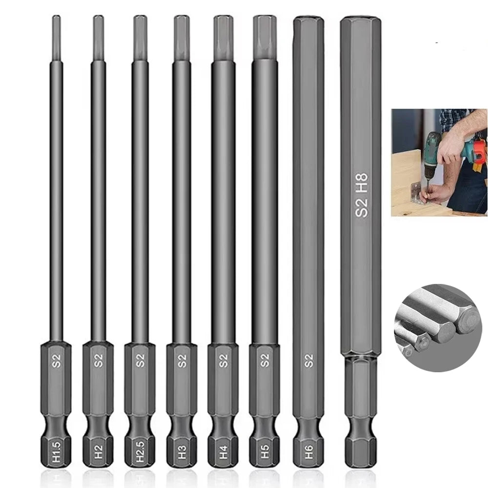 8pcs 100mm Hex Head Allen Wrench Drill Bits Set SAE Metric Allen