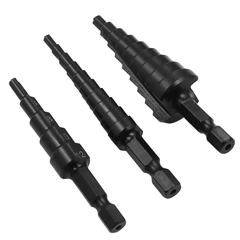 3Pcs HSS Straight Groove Step Drill Bit 3-12mm 4-12mm 4-20mm Nitride