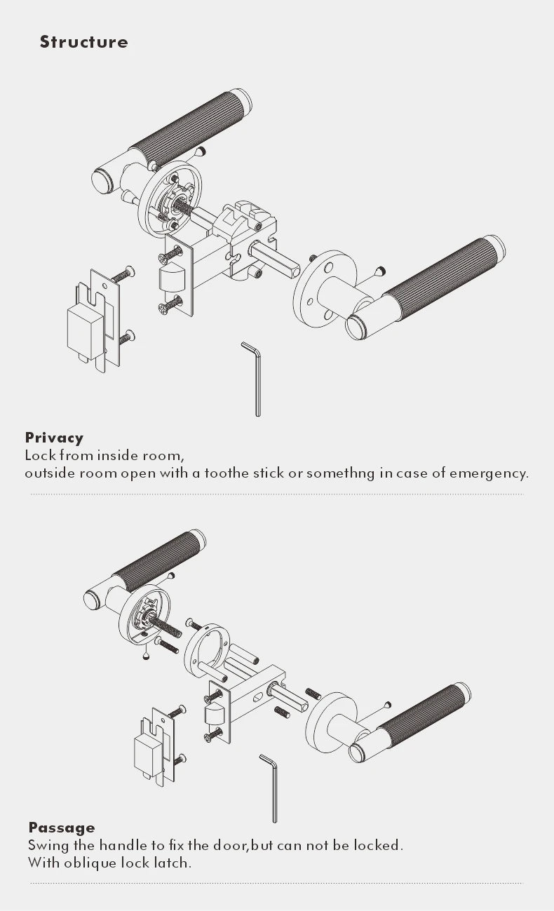 DOOROOM US Standard for 2-1/8" Hole Brass Privacy Passage Lock Set