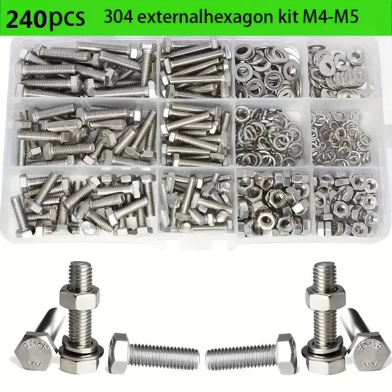 240pcs Stainless Steel Hex Bolt & Nut Set - Durable