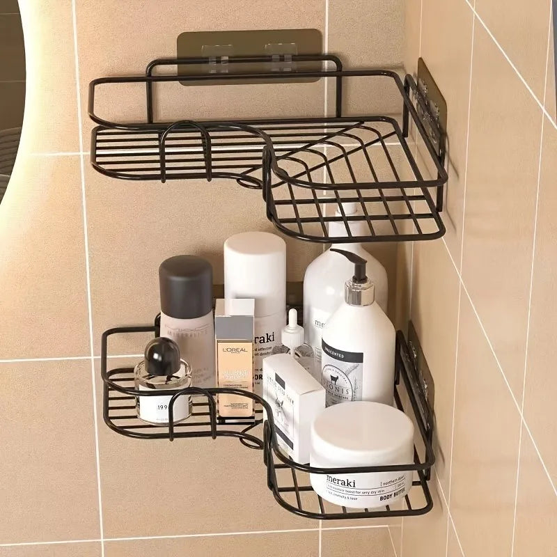 No Drill Double Bathroom Shelf with 4 Seamless Hooks