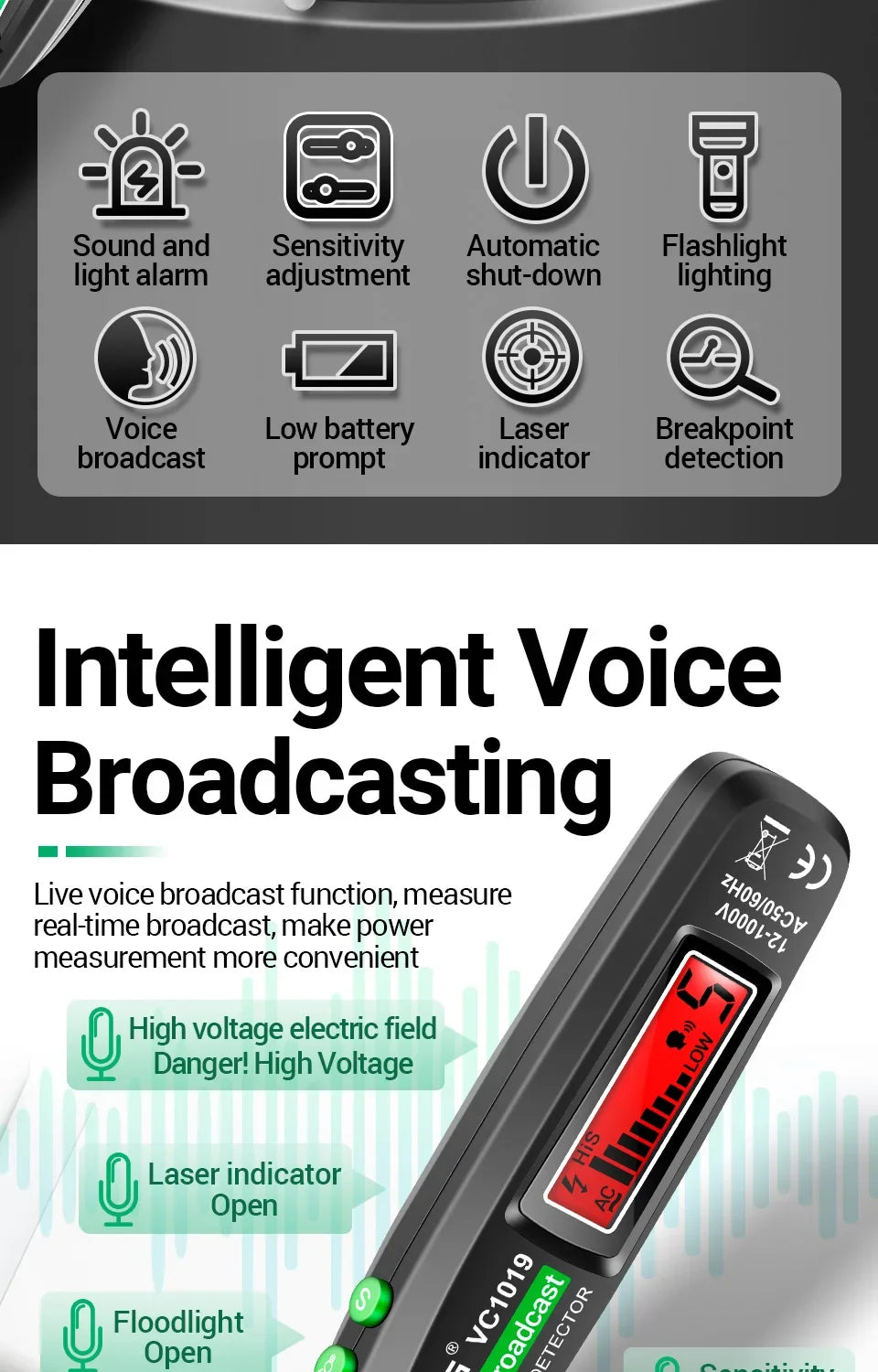 ANENG VC1019 Non-Contact Voltage Tester Pen Voice Broadcast Red Laser