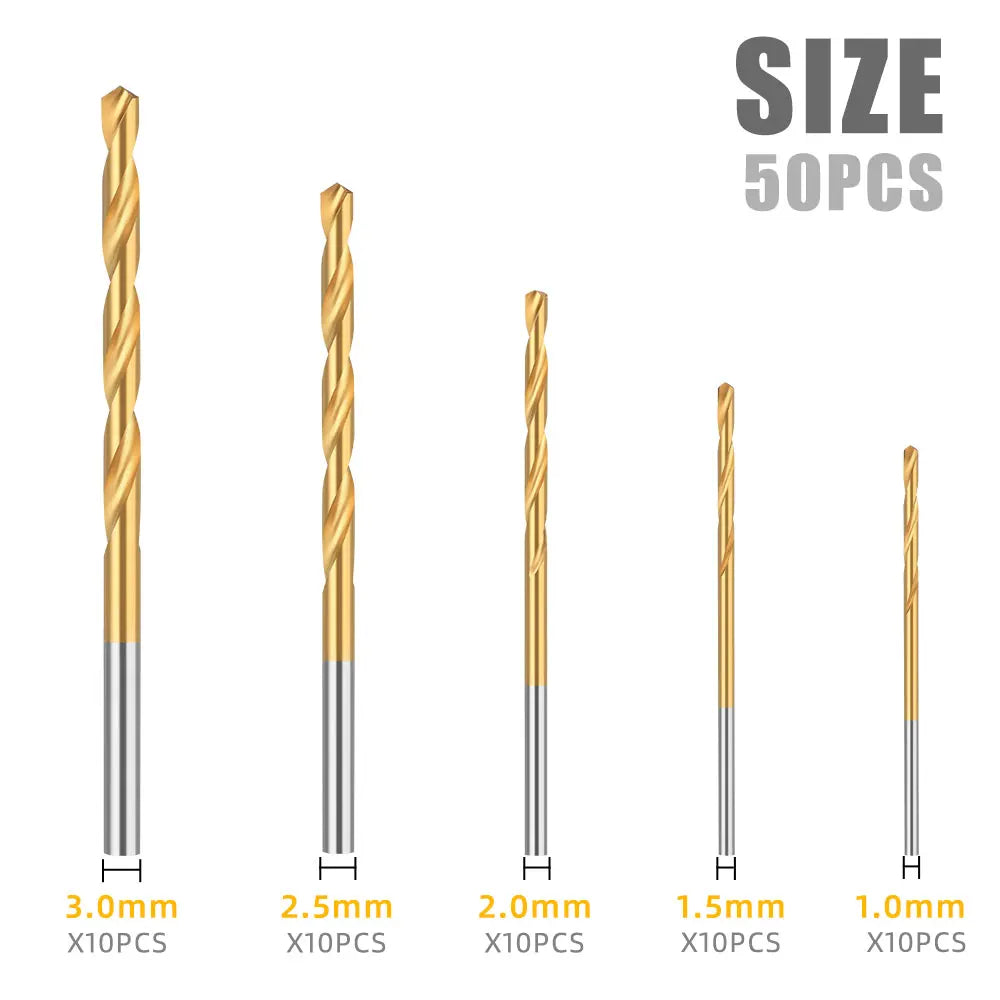 XCAN 50Pcs HSS Titanium Coated Twist Drill Set 1-3mm Straight Shank