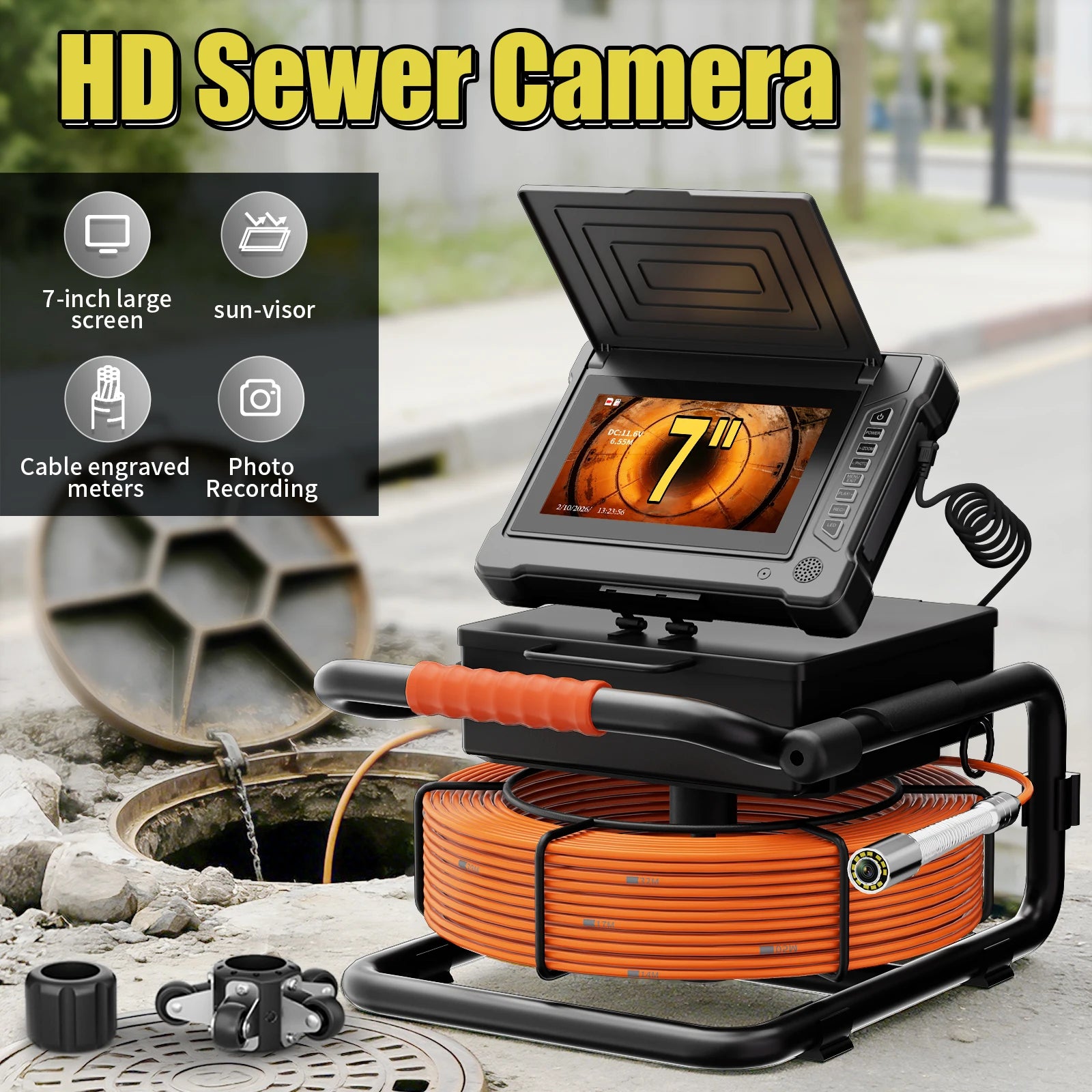 7"Sewer Camera, 512Hz Self-Leveling Sewer Inspection Camera with 20X