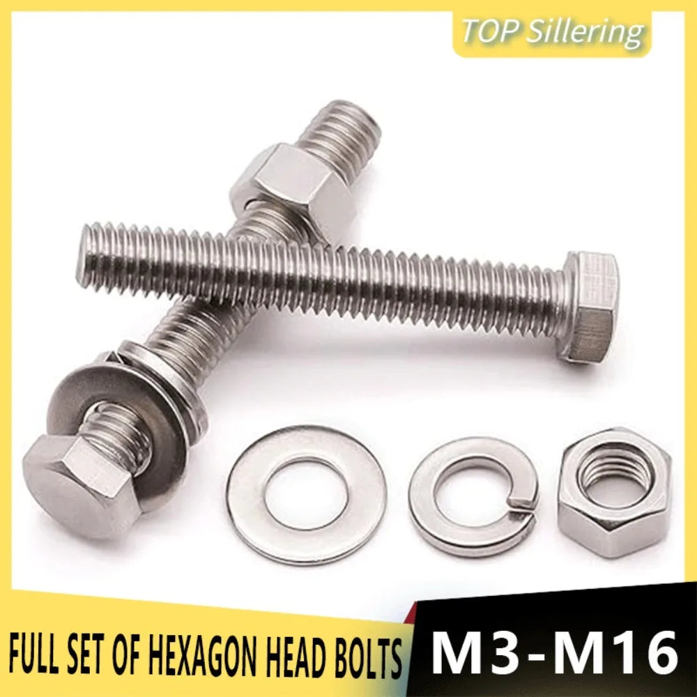 4 In1 Set Full Thread 304 Stainless Steel External Hex Hexagon Screw