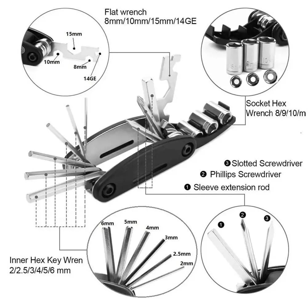 16 in 1 Portable Bicycle Repair Tools Kit Hex Wrench Nut Tire