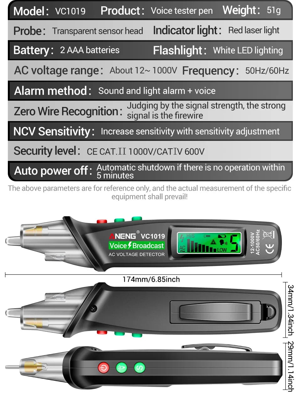 ANENG VC1019 Non-Contact Voltage Tester Pen Voice Broadcast Red Laser