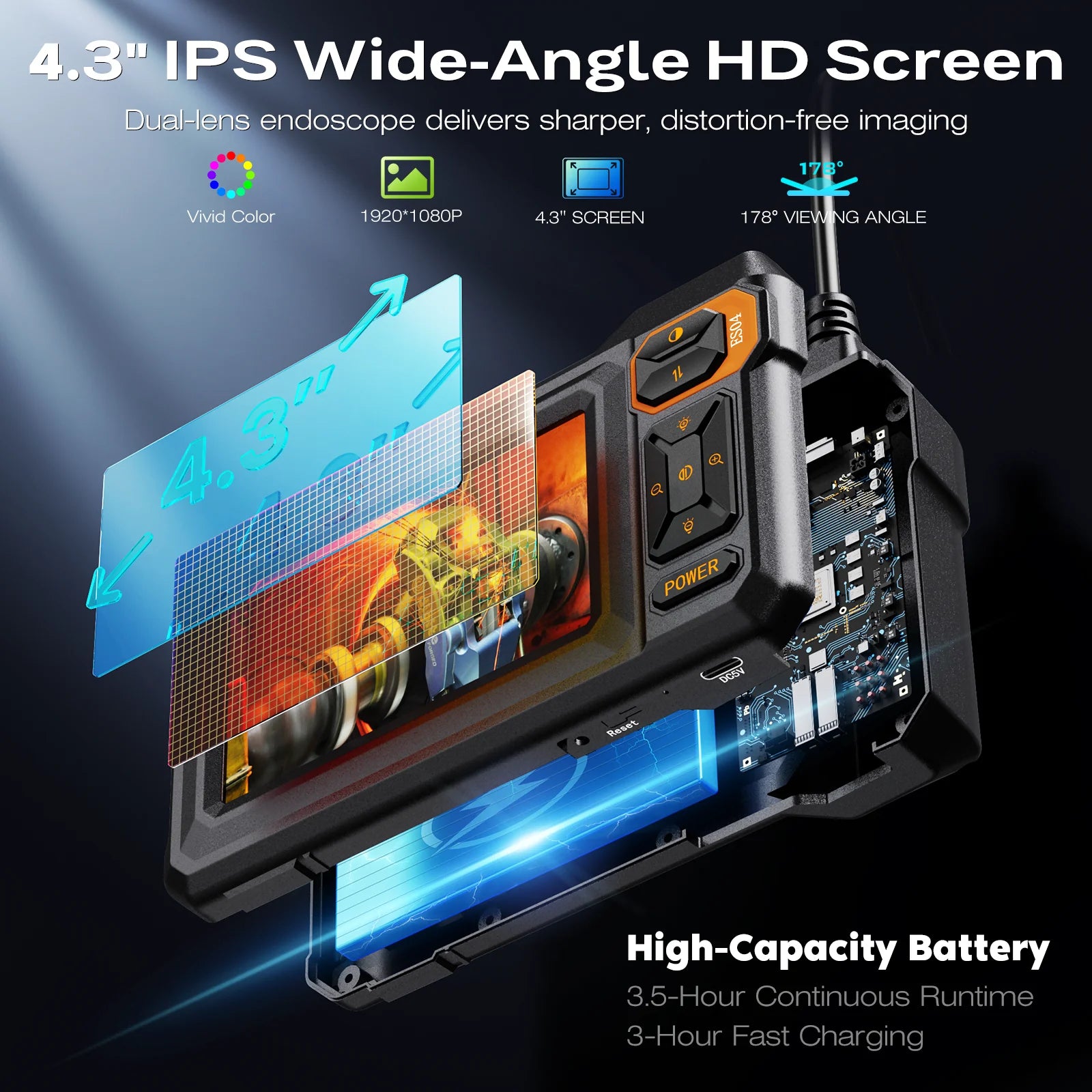 Borescope Dual Lens Endoscope with Light 4.3" IPS 1920P HD Inspection
