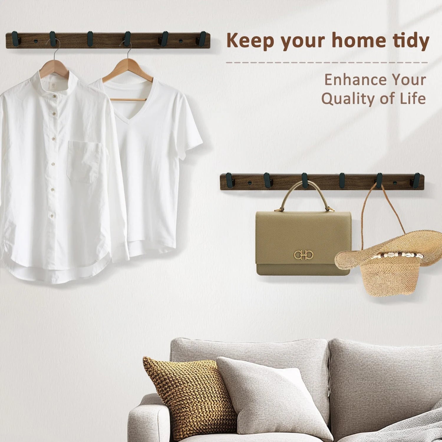 Wood Wall Mounted Coat Rack With 4/5/6 Hooks Drilling Rail Hooks