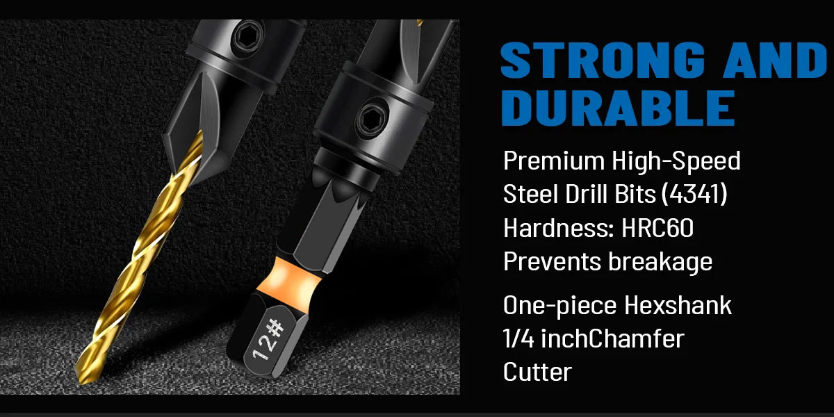 12PCS Countersink Drill Bit Set - #4-#12 Adjustable Wood Boring Bits