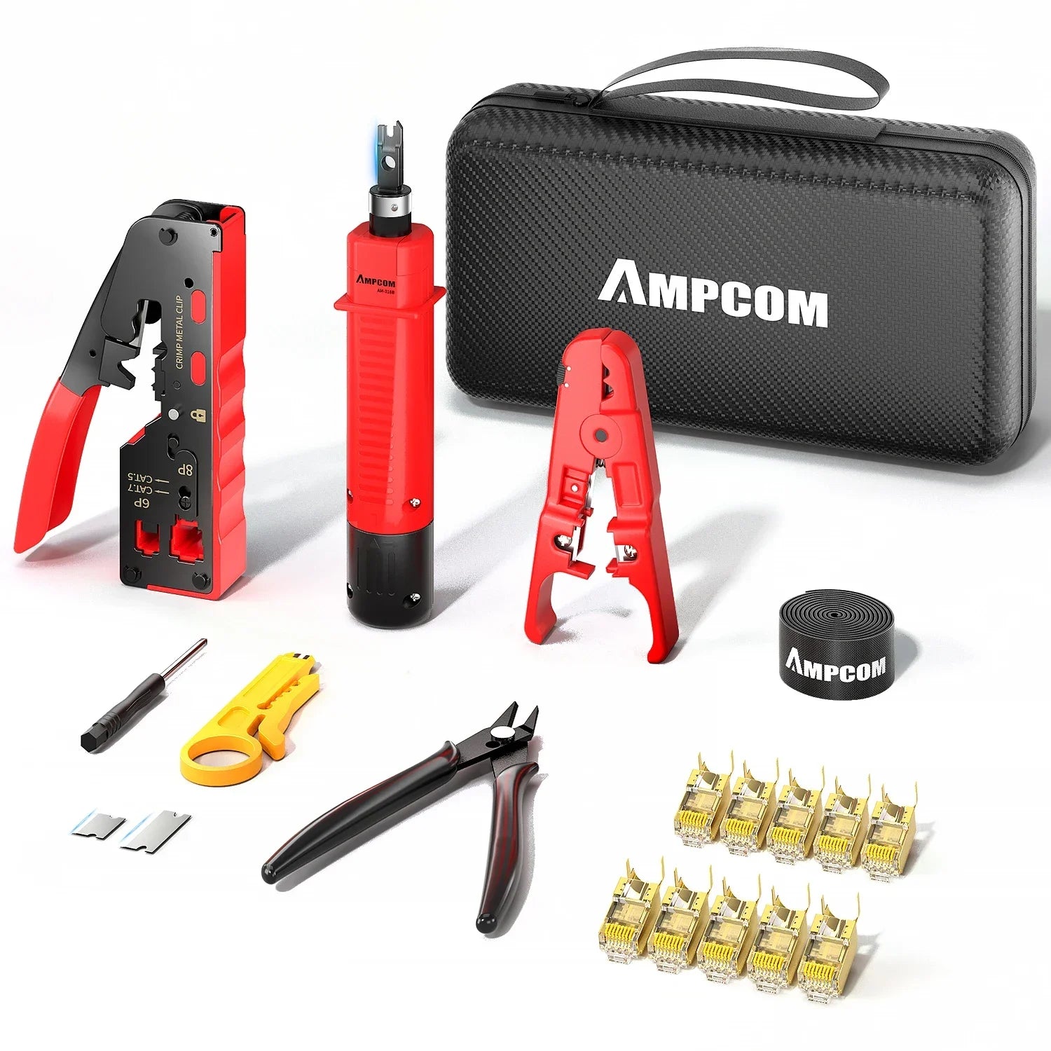 AMPCOM RJ45 Pass-Through Crimping Kit – Crimper, Punch-Down & Tester