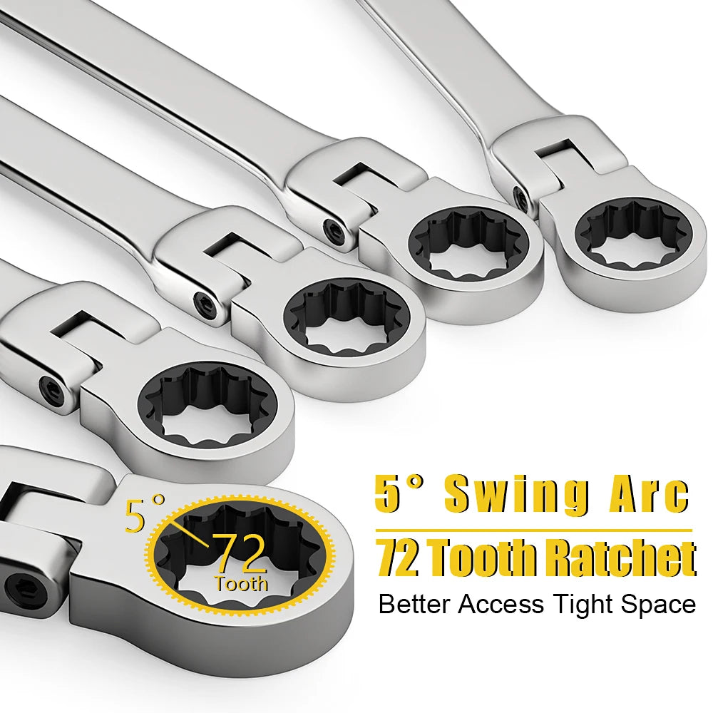 Ratcheting Combination Wrench Set, 6-22mm Metric Flex Head Ratcheting