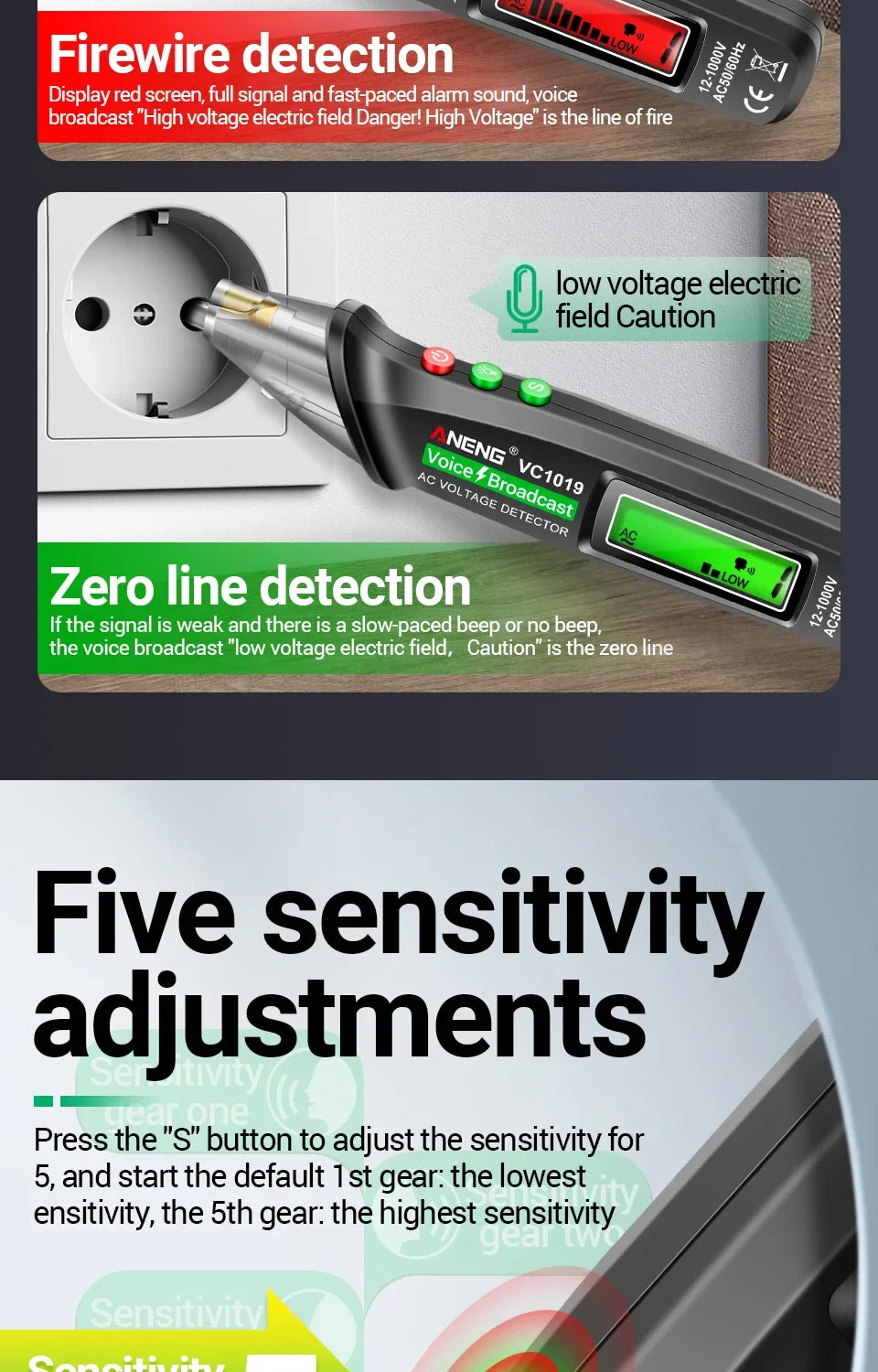 ANENG VC1019 Non-Contact Voltage Tester Pen Voice Broadcast Red Laser