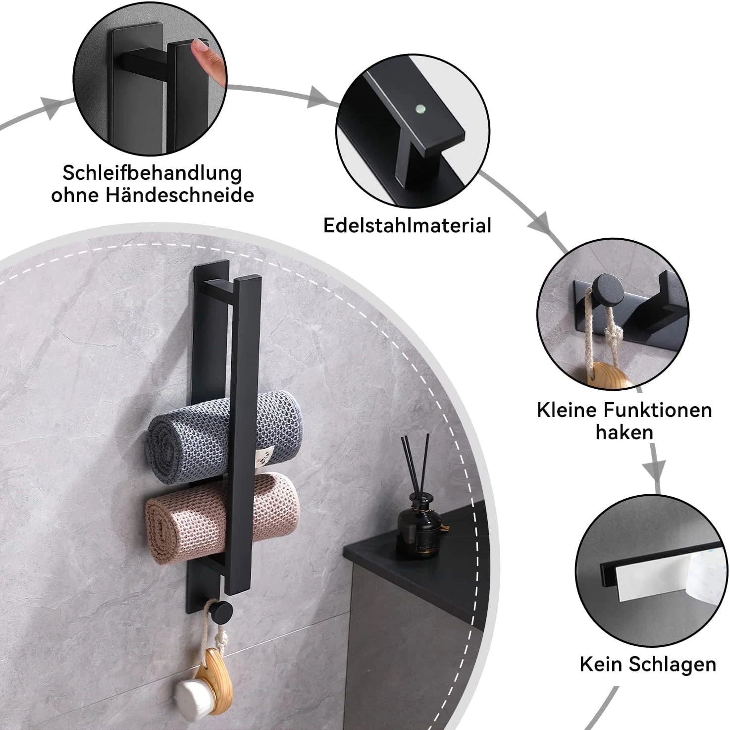 40cm Self Adhesive Towel Rack With Hooks Stainless Steel Towel Holder