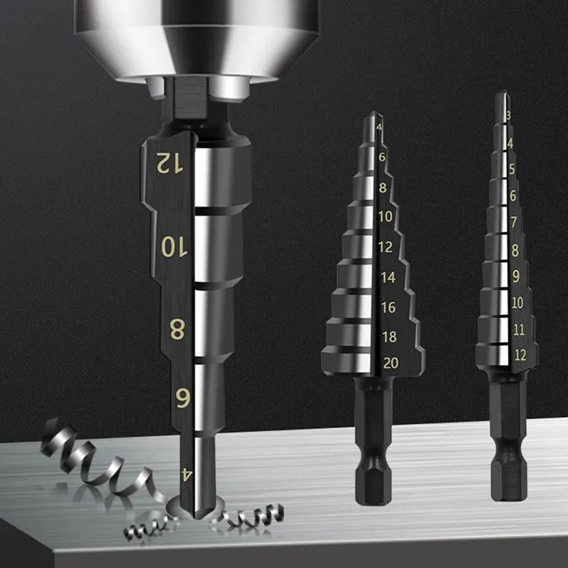 3Pcs HSS Straight Groove Step Drill Bit 3-12mm 4-12mm 4-20mm Nitride