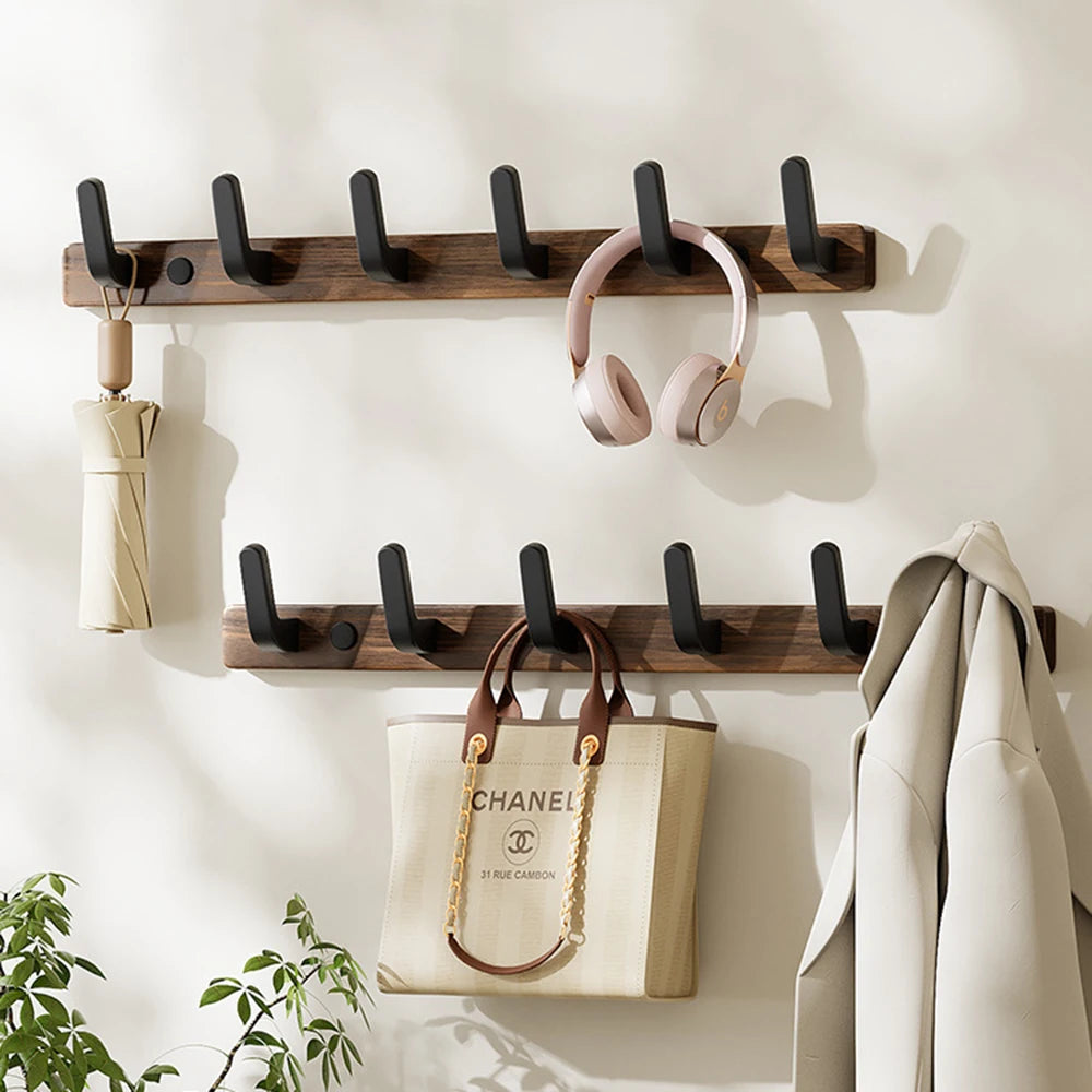 Wood Wall Mounted Coat Rack With 4/5/6 Hooks Drilling Rail Hooks