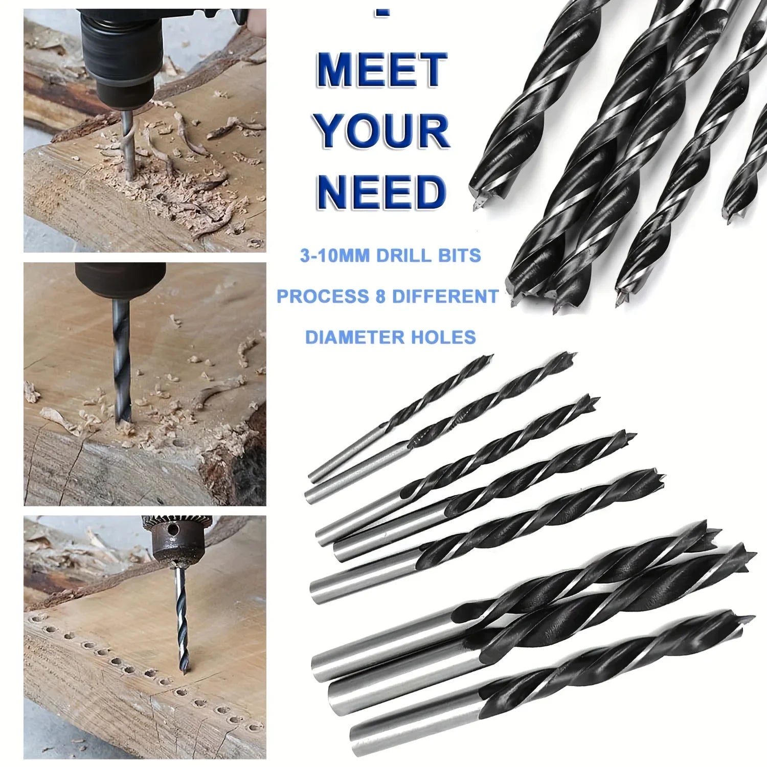 Wood Drill Bits - 8 Pcs 3mm - 10mm Spur Point Spiral Twist Wood