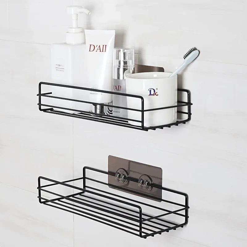 No Drill Double Bathroom Shelf with 4 Seamless Hooks
