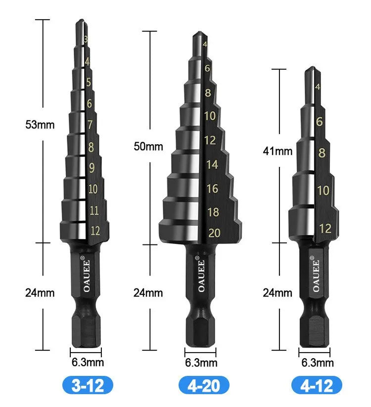 3Pcs HSS Straight Groove Step Drill Bit 3-12mm 4-12mm 4-20mm Nitride