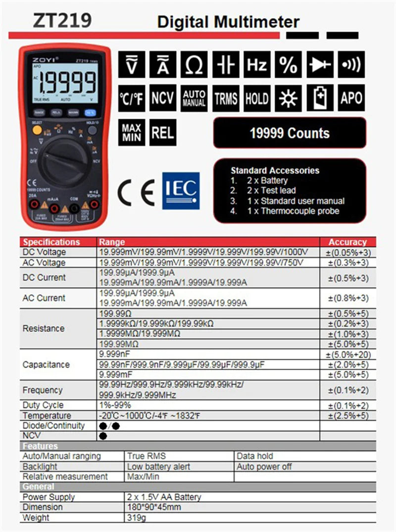 ZOYI ZT219 Digital multimeter 19999 Counts True RMS automotive