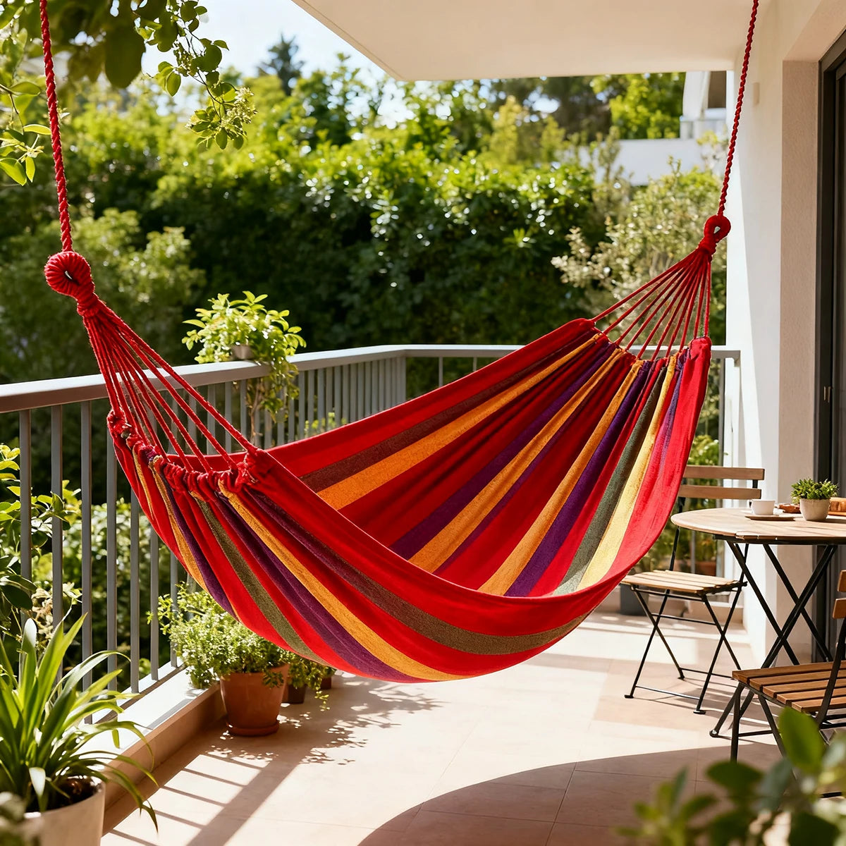 Double Hammock 2-Person Cotton Canvas with Tree Straps – Red/Blue