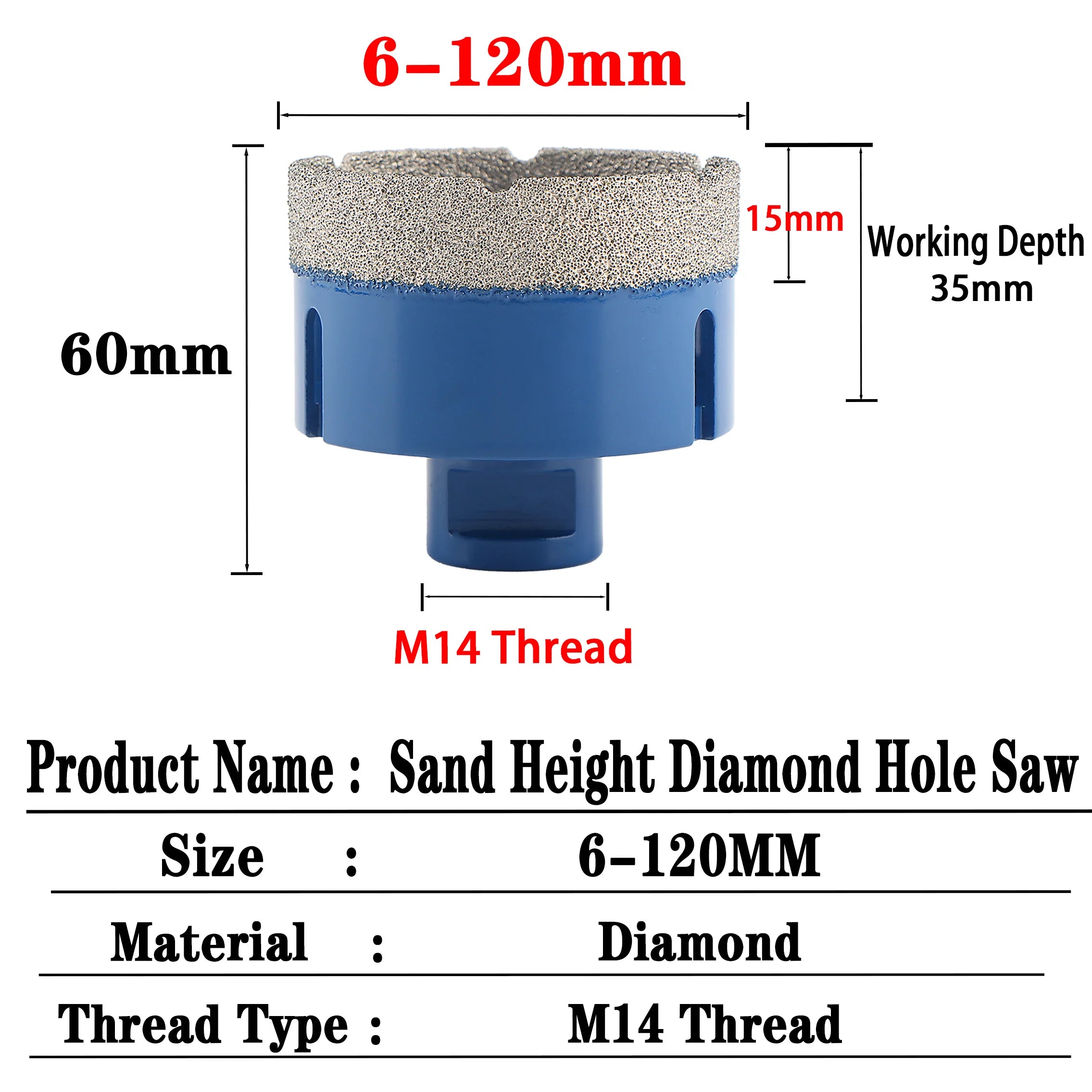 M14 Thread Vacuum Brazed Dry Diamond Drilling Core Bit 6-120mm For