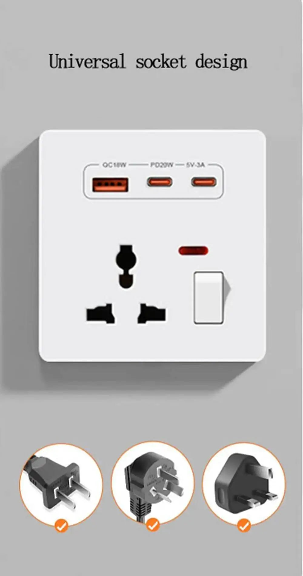 20W Fast Charging Universal Wall Socket With USB And Dual Typec