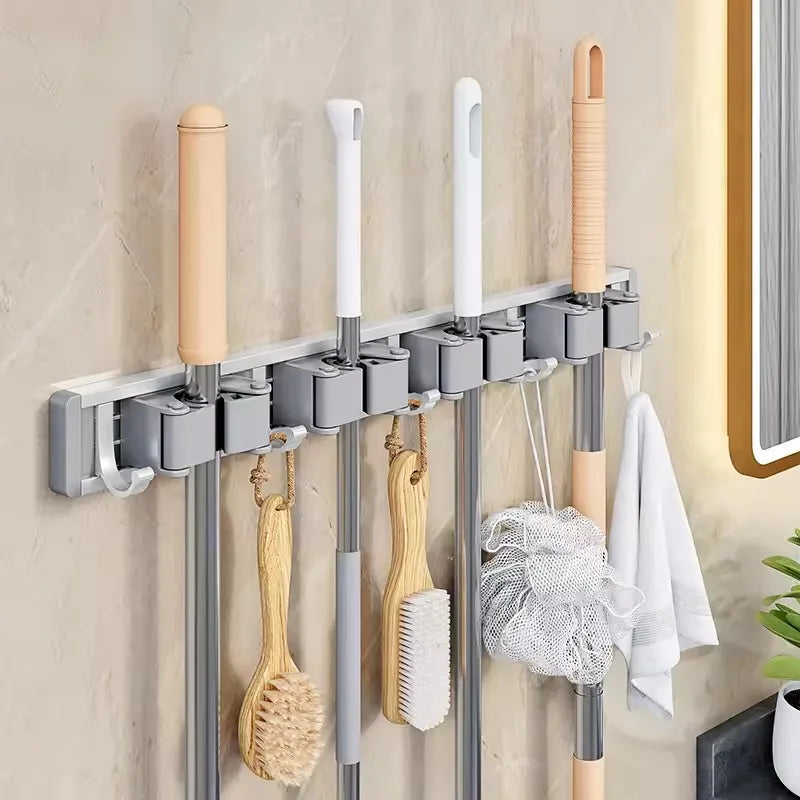 Wall Mounted Mop And Broom Organizer Rack with 5 Hooks Strong Mop