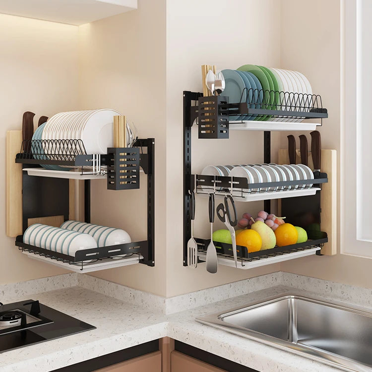 Wall-Mounted 3-Layer Stainless Steel Dish Drying Rack – Black