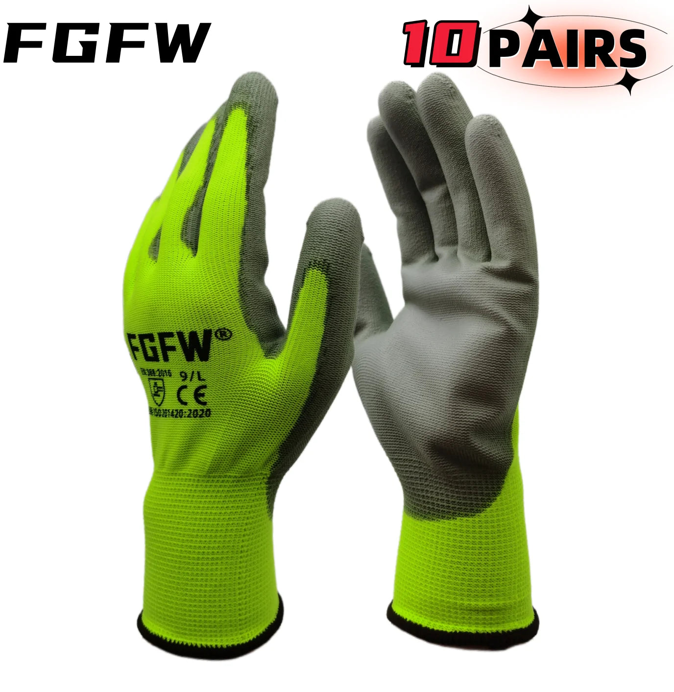 10 Pairs PU Coated Work Gloves - Lightweight