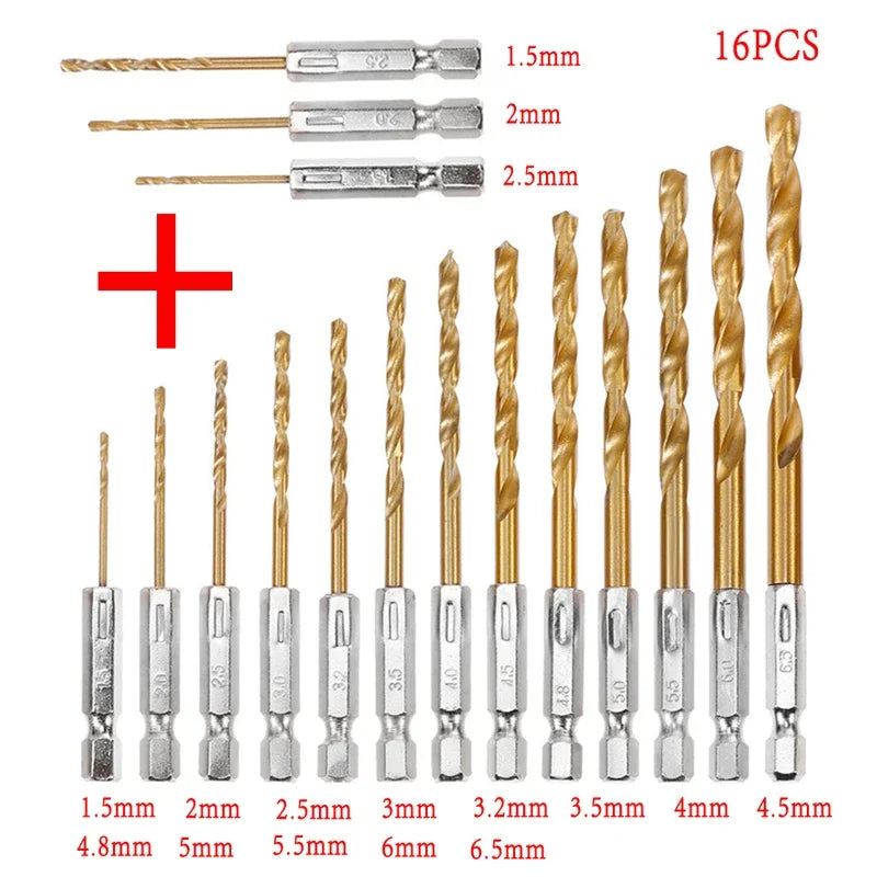 13/16-Piece Titanium Coated HSS Drill Bit Set — 1/4" Hex Shank, 1mm