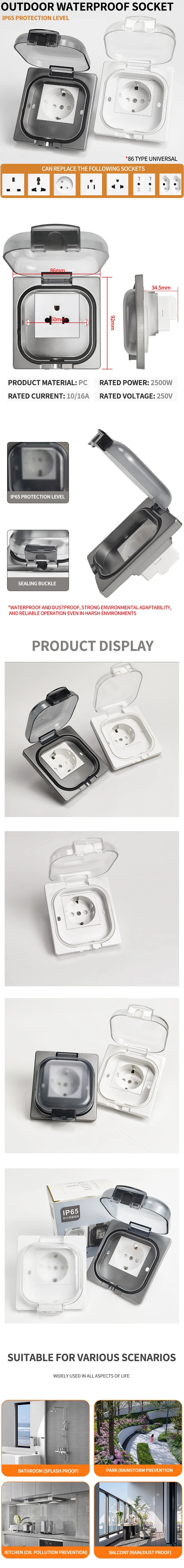 IP65 Waterproof Outdoor Socket, 16A High Power Wall Plate