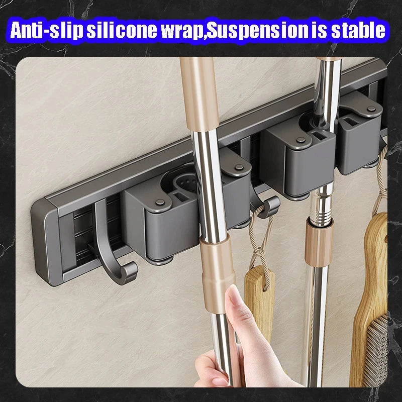Wall Mounted Mop And Broom Organizer Rack with 5 Hooks Strong Mop