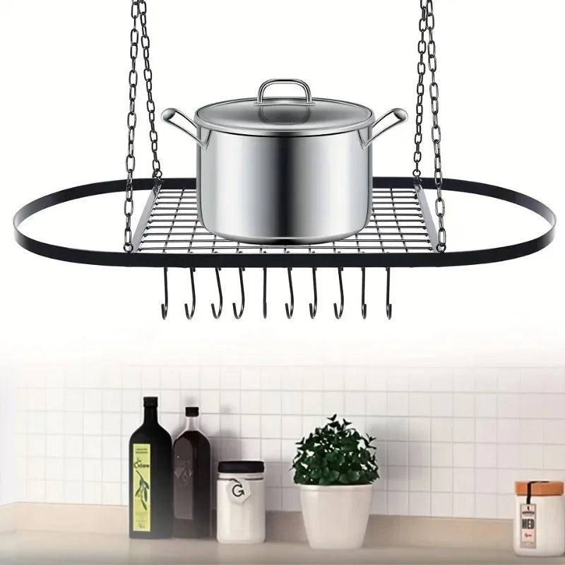 Oval Iron Wall-Mounted Kitchen Rack – Pot, Utensil & Seasoning Storage