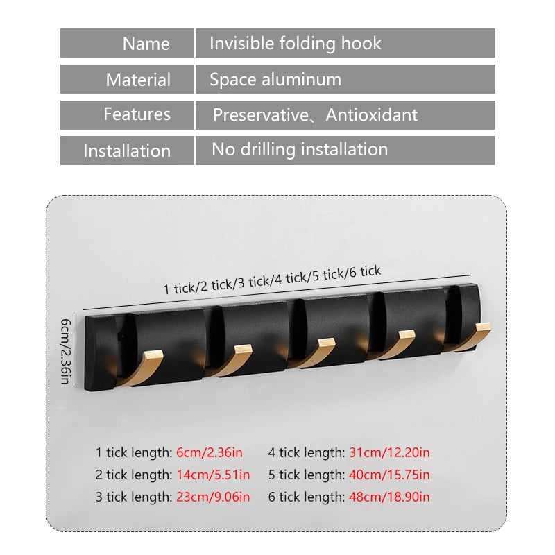 Black Golden Folding Robe Hooks Towel Hanger Nail Free Installation