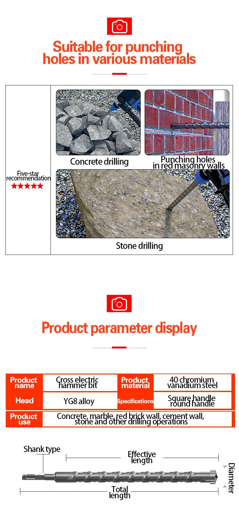 Cross Tips 4 Cutters Concrete SDS Plus Drill Bit 110mm 150 200